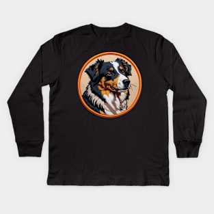 Attentive Australian Shepherd Embroidered Patch Kids Long Sleeve T-Shirt